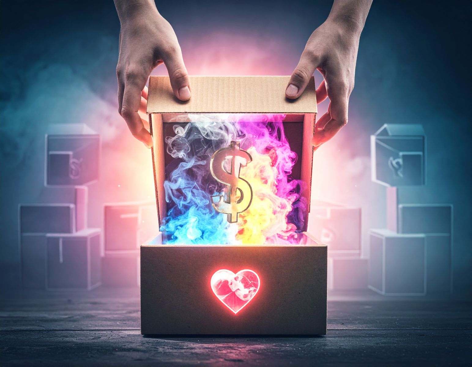 Firefly_A surrealistic cover art, a semi-transparent mystery box is being torn open by eager  530485.jpg